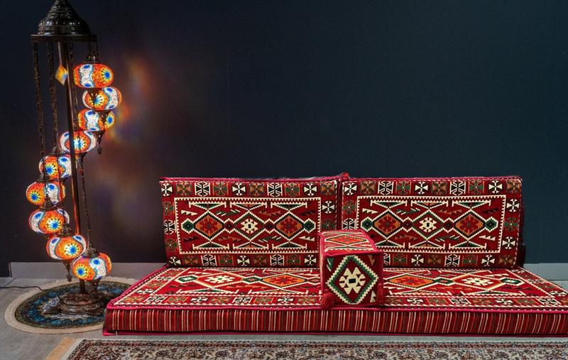 Arabian Majlis, Divan Set (Floor Cushions)  Red Rhombus