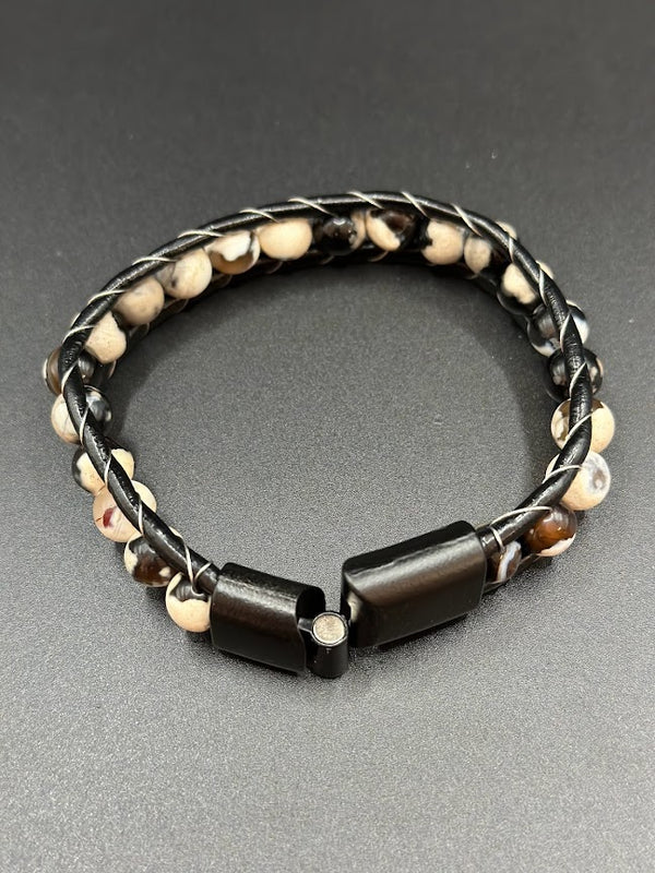 Men's Bracelet Black Leather with Beige Beads
