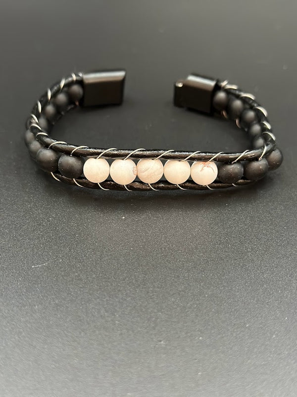 Men's Bracelet Black Leather with Cream Black Beads