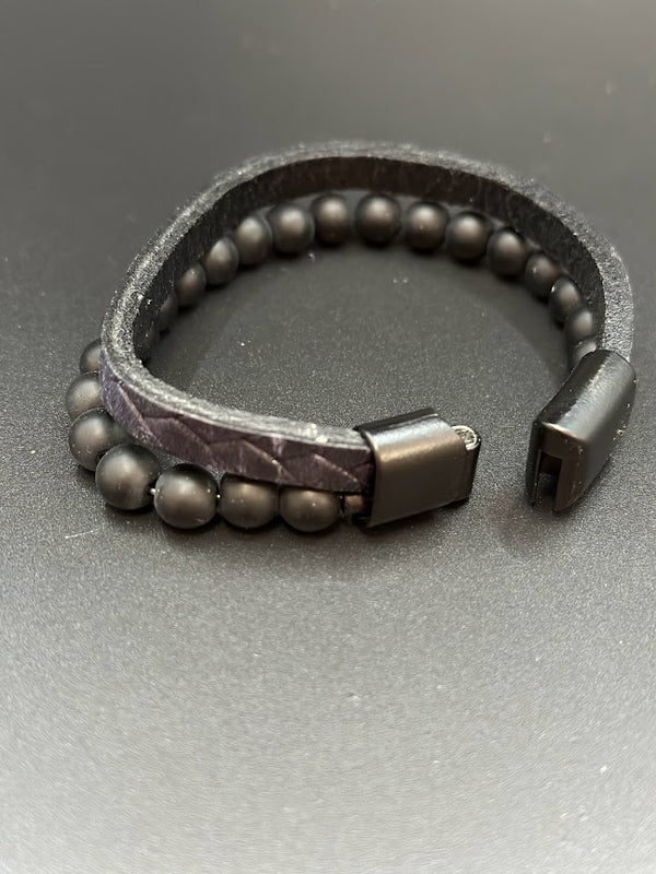 Men's Bracelet Black Leather and Beads