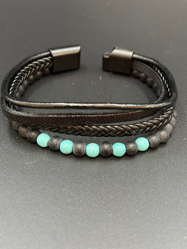 Men's Bracelet Black Leather Multilayer Aqua Black Beads