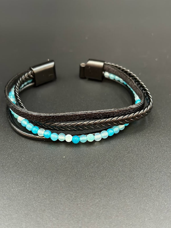 Men's Bracelet Black Leather Multilayer Blue Gradient