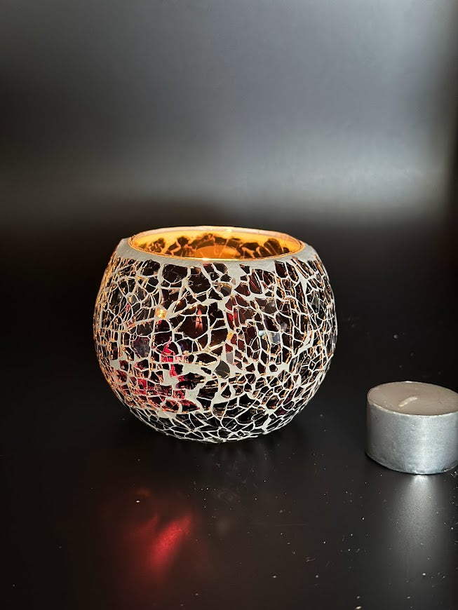 Mosaic Candle Holder Maroon Crackle